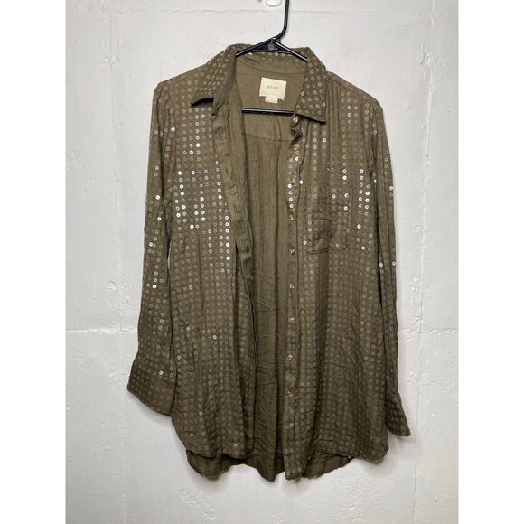 Anthropologie Maeve Sequin Button Down Shirt Size Small Olive Green Long Sleeve - Picture 1 of 10